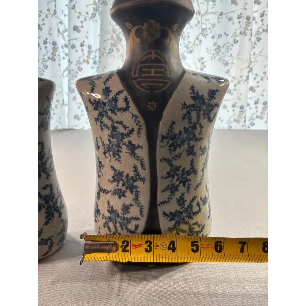 Pair Blue White Crackle Glaze Chinoiserie Style Ceramic Vases Made In China